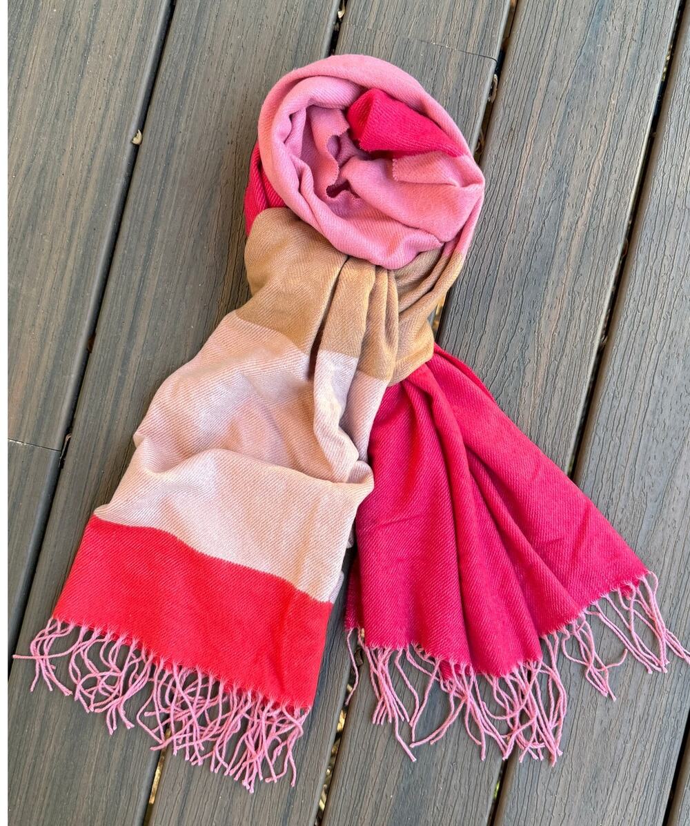 Gap Colorblock Fringe Scarf Pink Coral Tan Oversized Wrap NWT